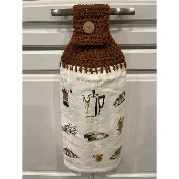 Crochet Top Kitchen Towel- Coffee Themed brown topper - Picture 3 of 3